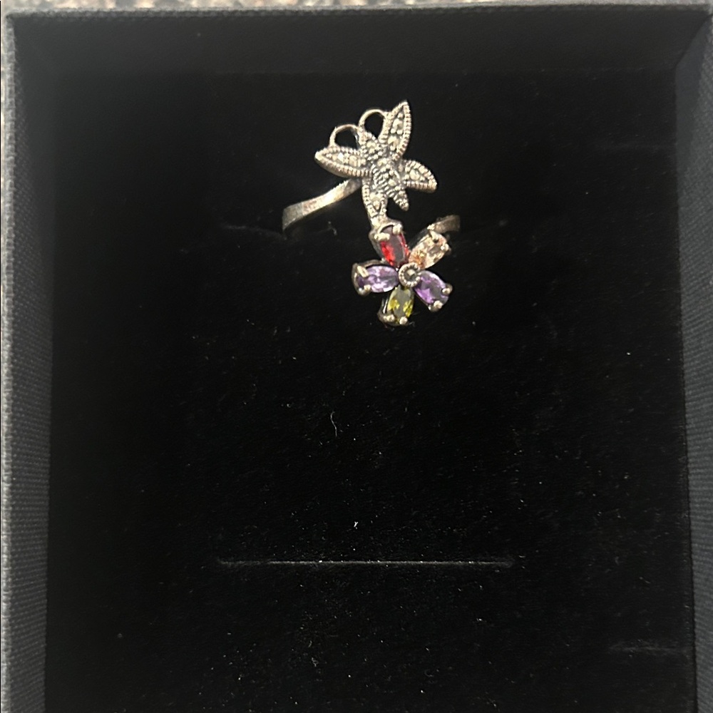Elegant Silver and Multicolor Gemstone Butterfly Ring